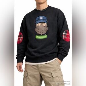 XL FingerCroxx Black Graphic Streetwear Crewneck Plaid Elbow Patches